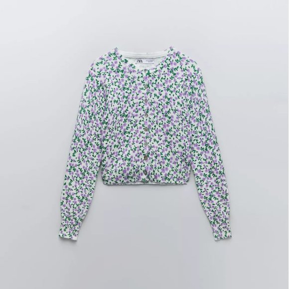 ZARA JACQUARD COTTON CROPPED FLORAL SHORT KNIT TOP CARDIGAN SIZE L